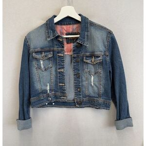 Amethyst Jean Jacket Women's Juniors Sz M Denim Collared Distressed Cropped